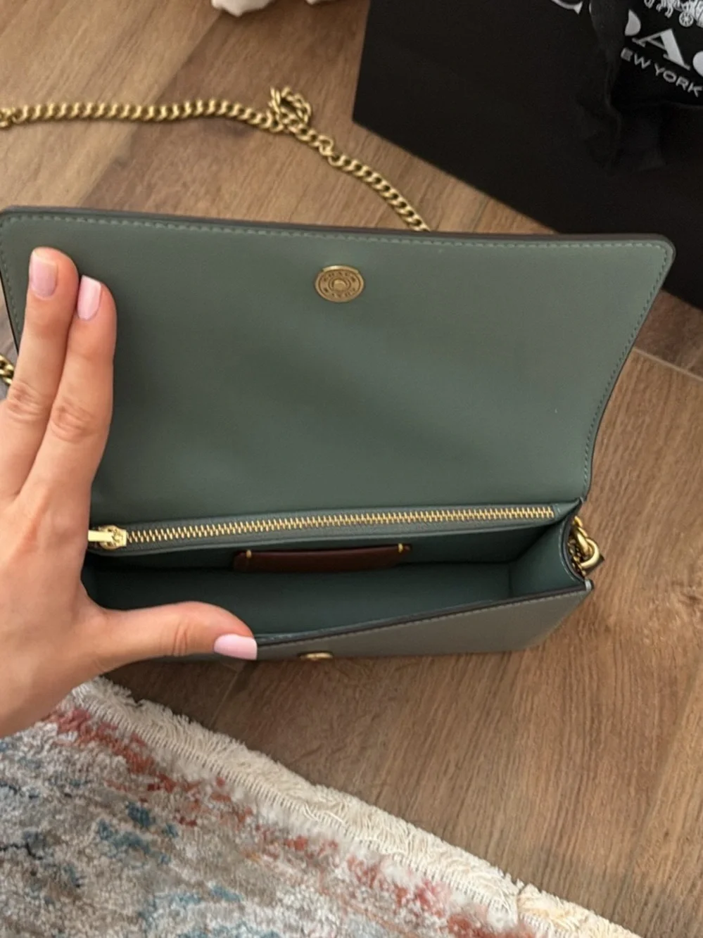 Coach Green Leather Crossbody Wallet with Gold Chain